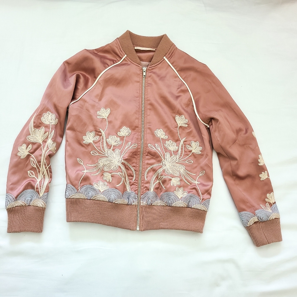 American threads blush bomber jacket